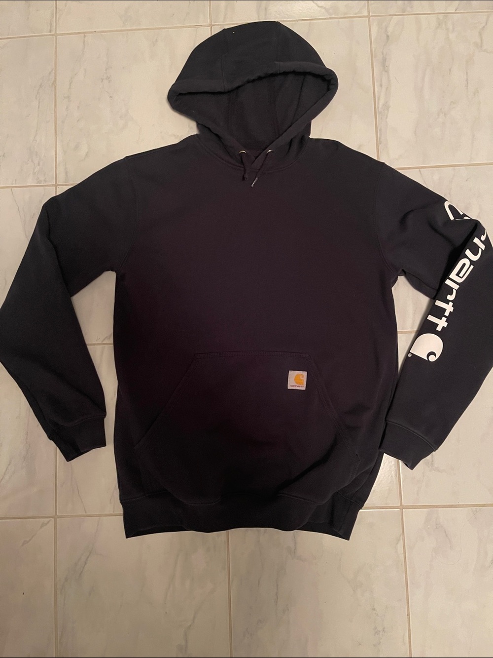 Carhartt Men’s dark Blue Hoodie with White Sleeve Logo. Like new!